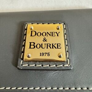 Dooney & Bourke Grey Leather Trifold Wallet Gold Logo Plaque Striped Lining